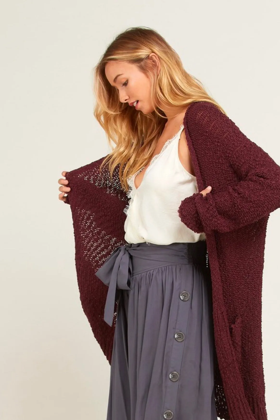 Long Burgundy Cardigan with Open Front