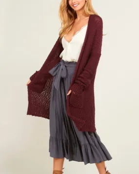 Long Burgundy Cardigan with Open Front