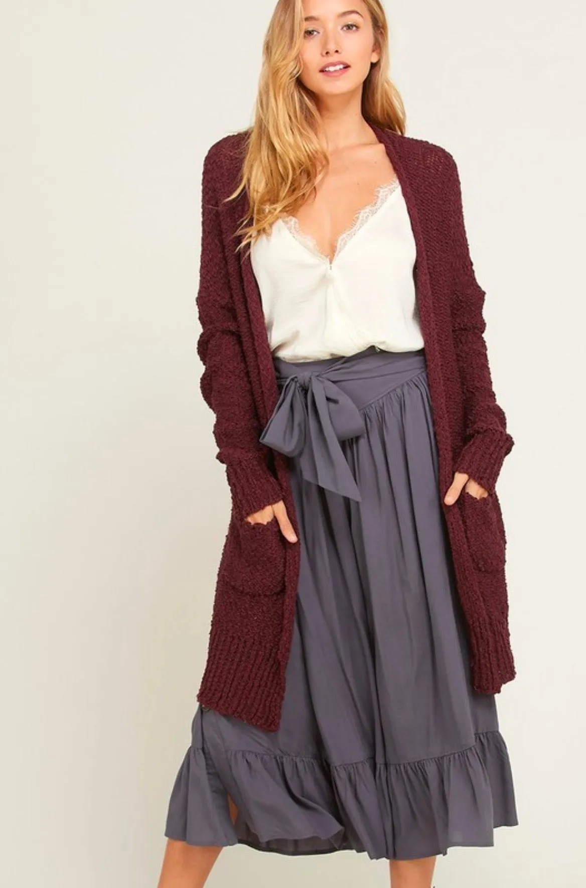 Long Burgundy Cardigan with Open Front