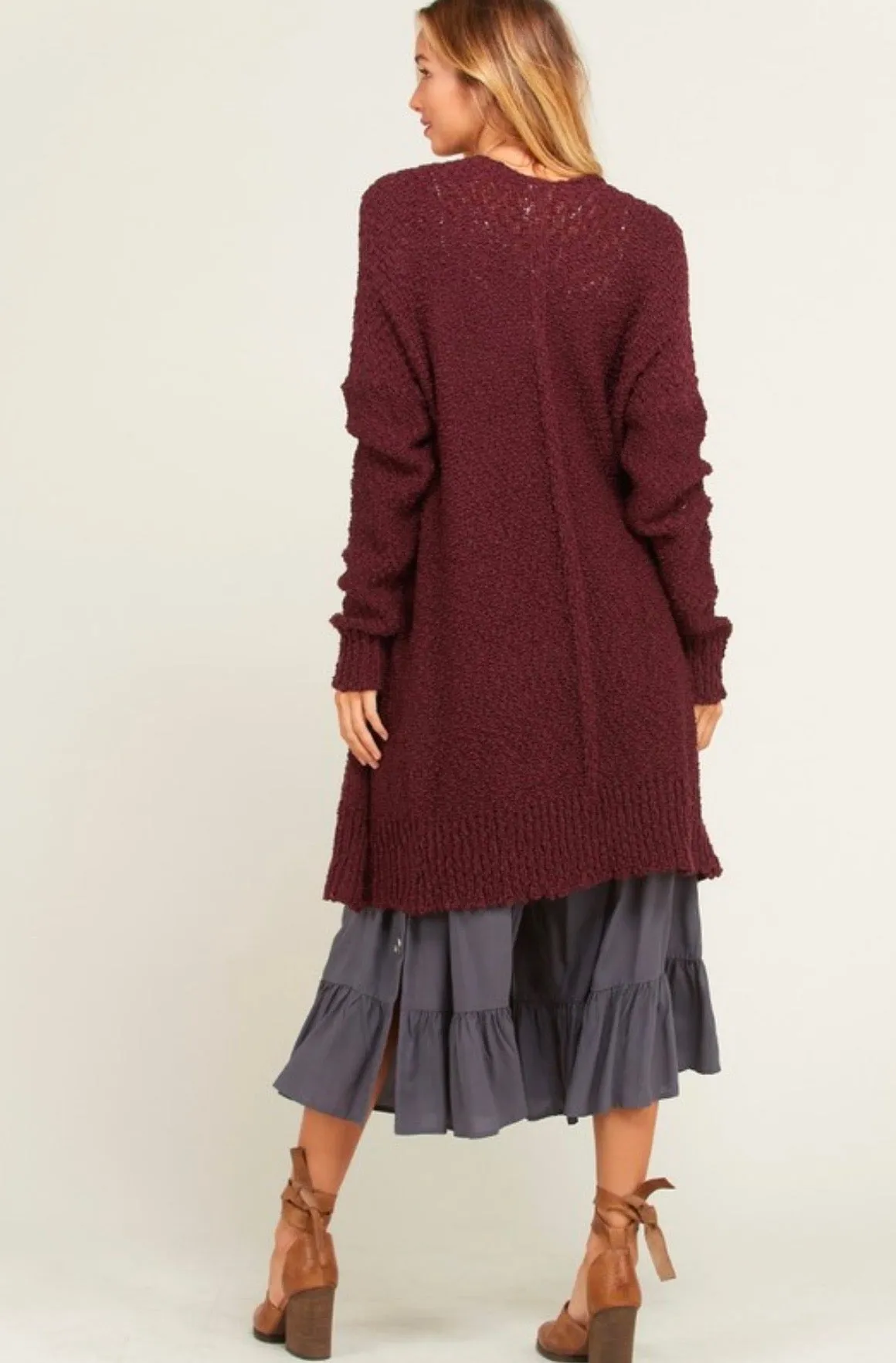 Long Burgundy Cardigan with Open Front