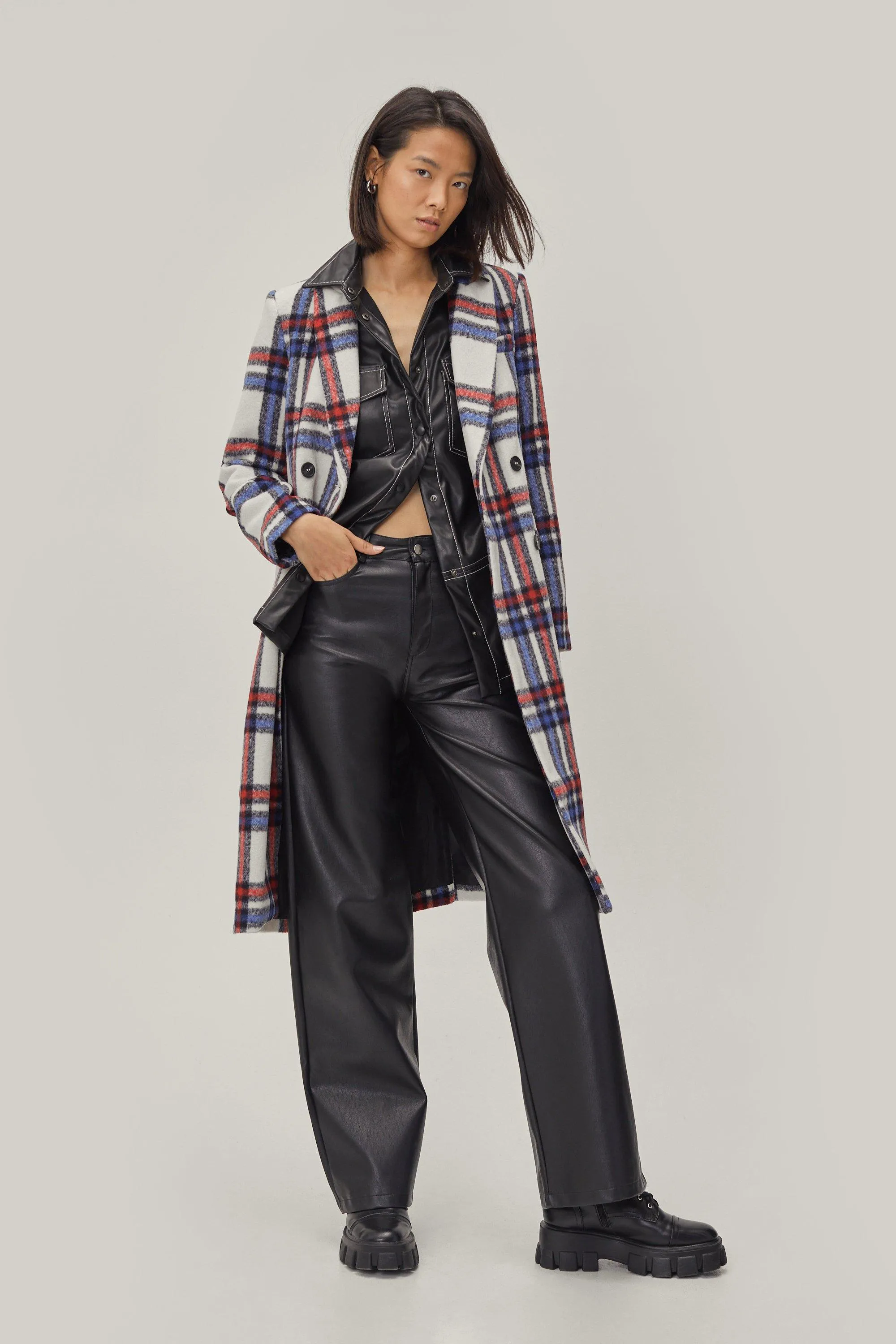 Long Checkered Coat with Double Breasted and Extended Length.