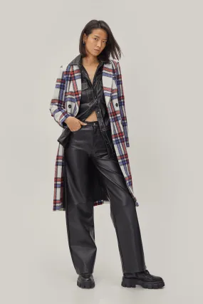 Long Checkered Coat with Double Breasted and Extended Length.