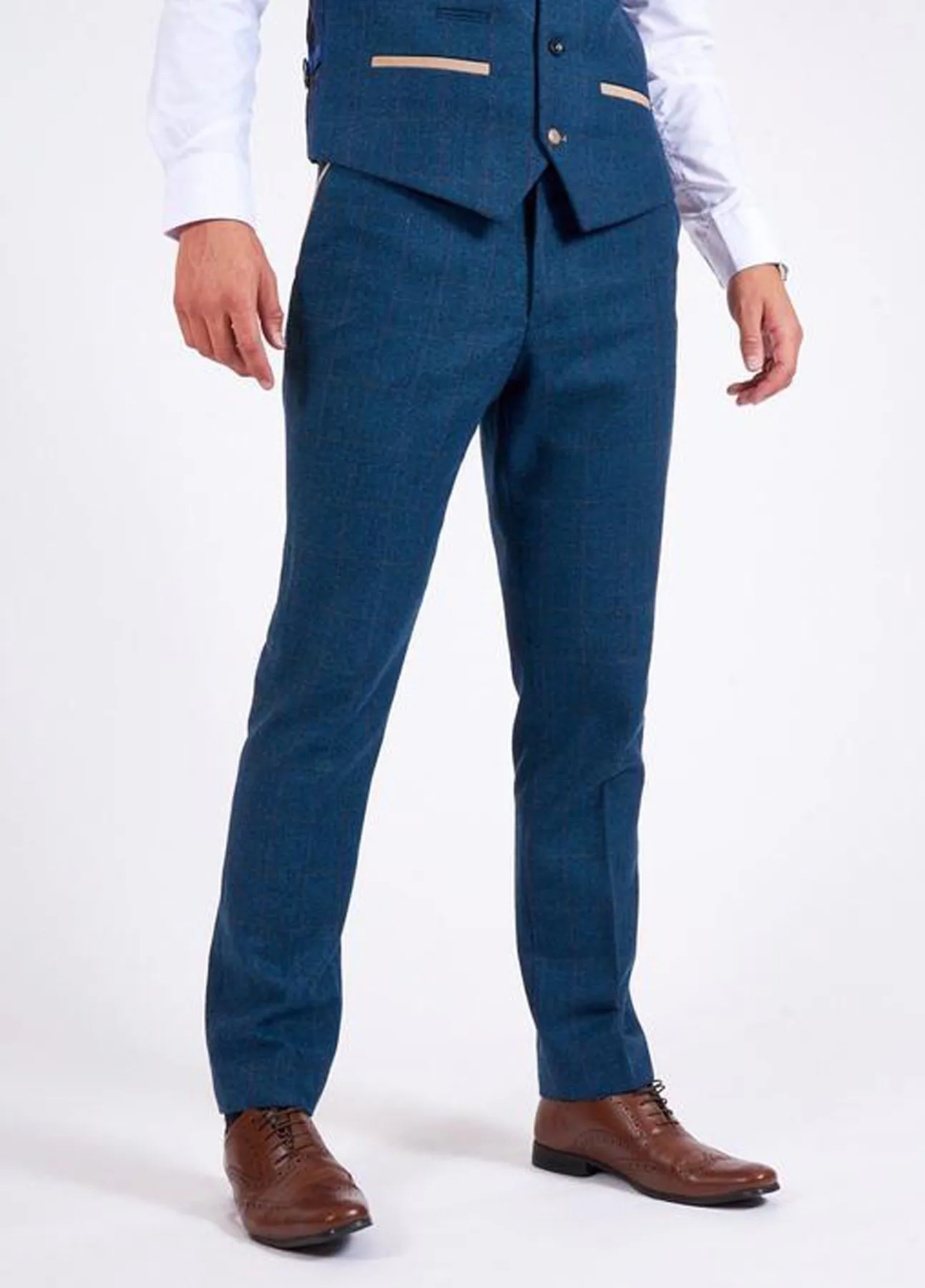 Marc Darcy Dion Blue Tweed Check Trousers Slim Fit for Men