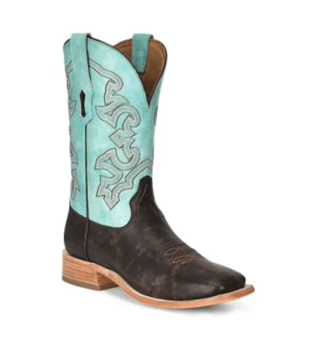 Men's Brown & Turquoise Wide Square Toe Cowboy Boots - Corral A4347