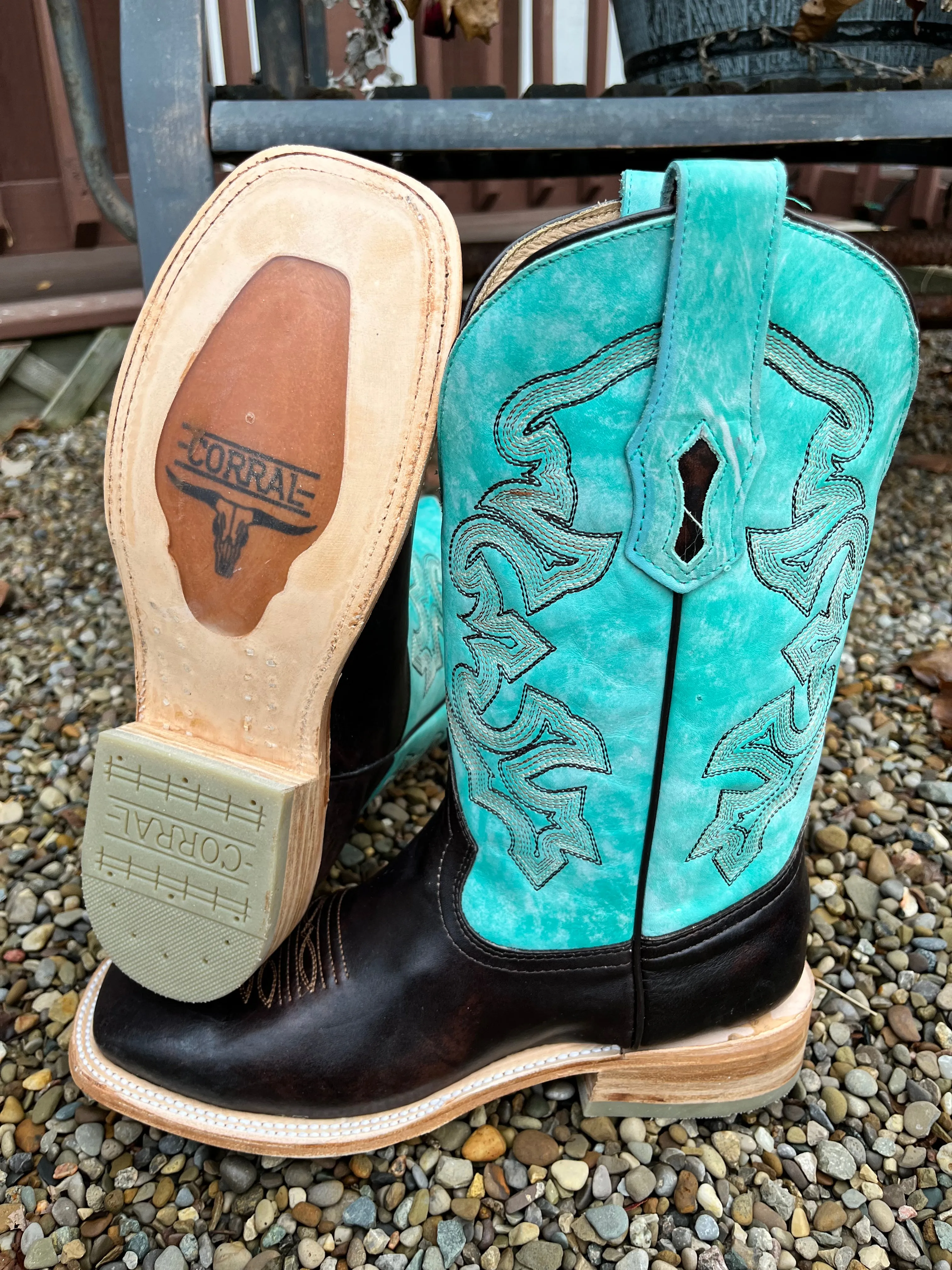 Men's Brown & Turquoise Wide Square Toe Cowboy Boots - Corral A4347