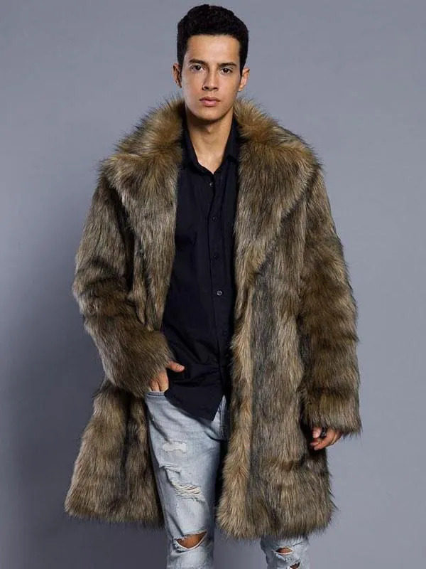 Men's Brown Faux Fur Winter Overcoat with Turndown Collar