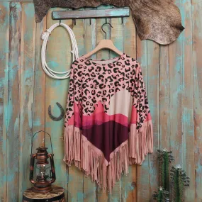 Montana West Pink Desert Sunset Print Fringe Poncho - PCH-1731