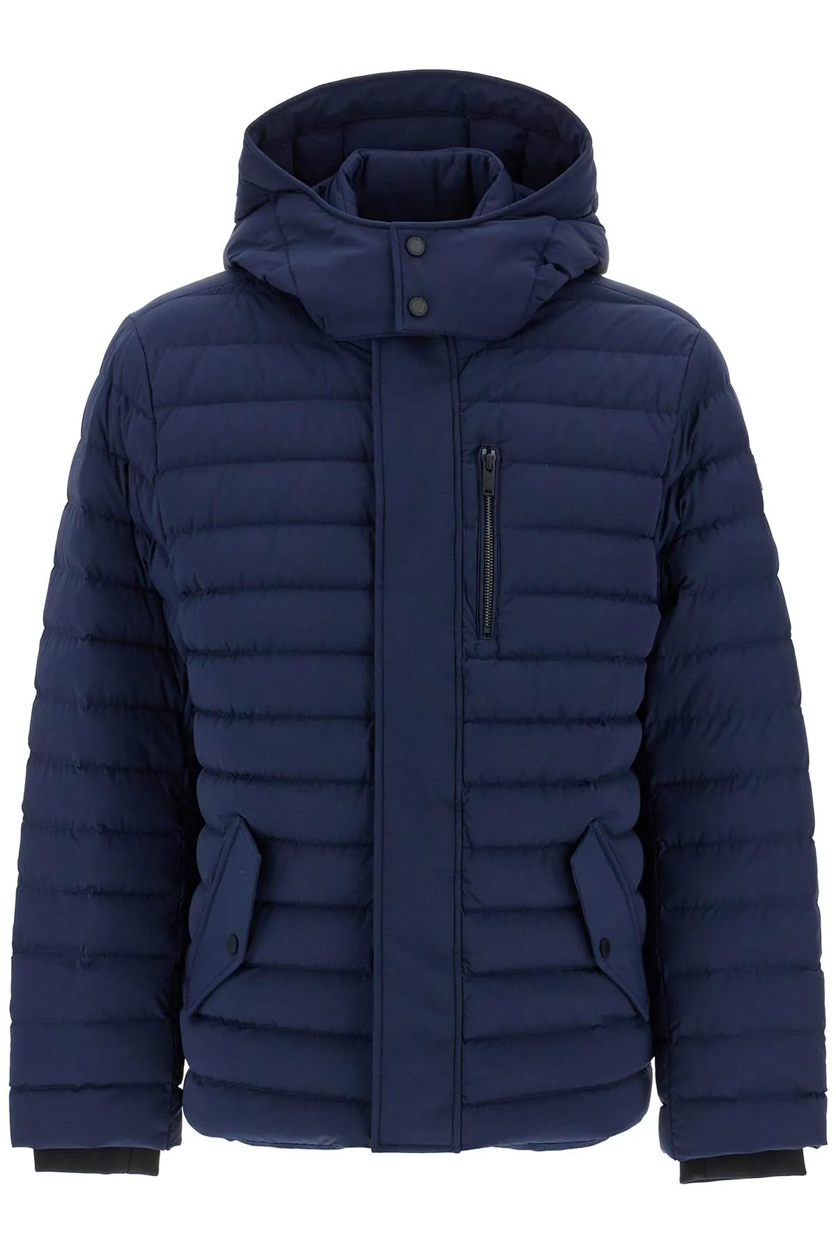 Moose Knuckles blue down jacket in greystone active flex style