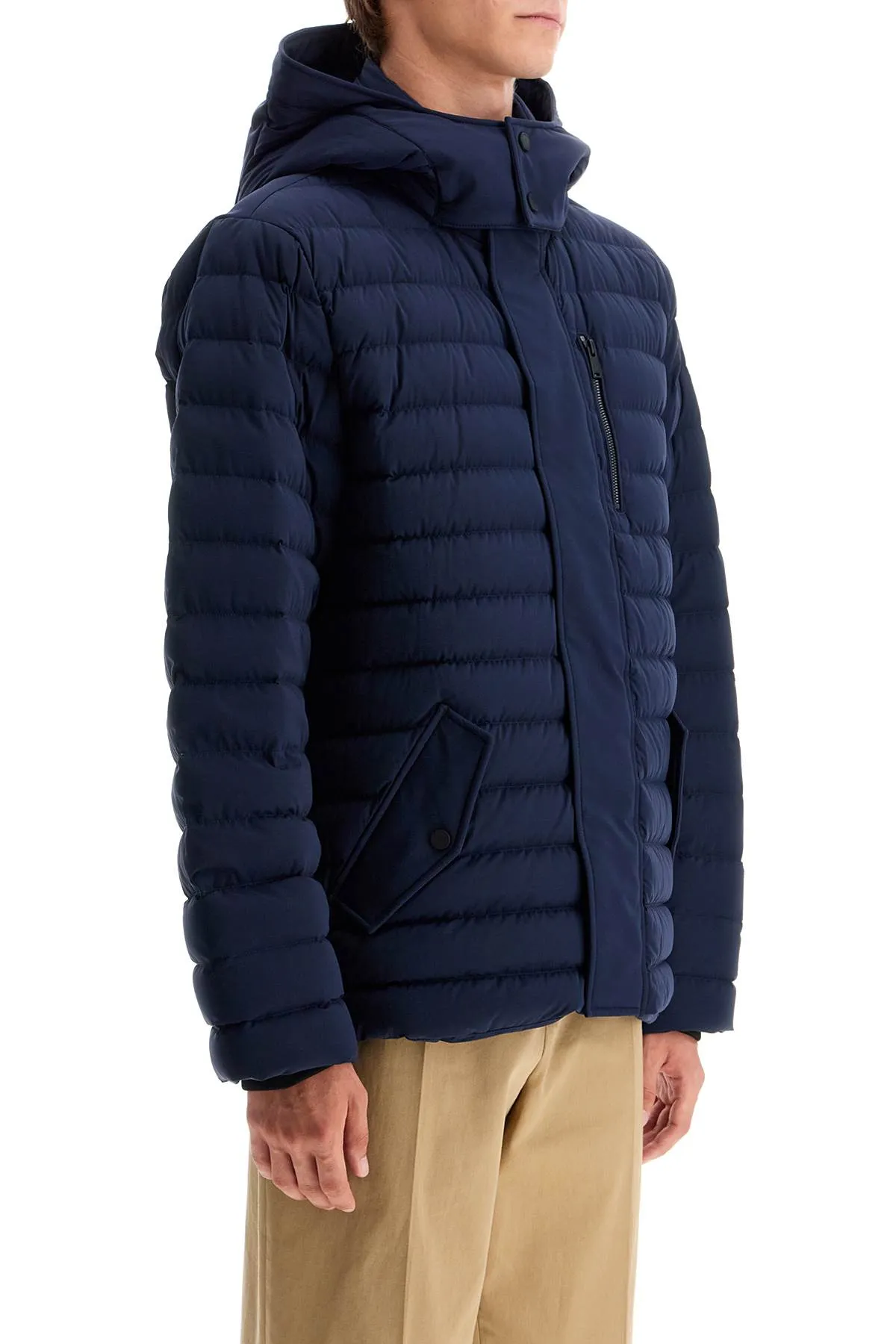 Moose Knuckles blue down jacket in greystone active flex style