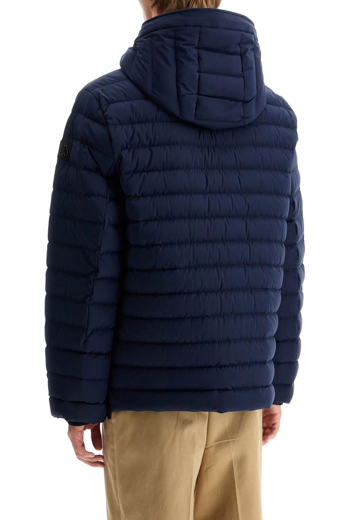 Moose Knuckles blue down jacket in greystone active flex style