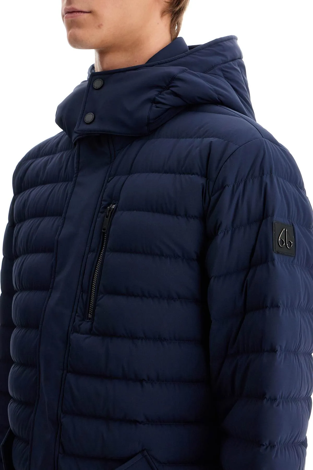 Moose Knuckles blue down jacket in greystone active flex style