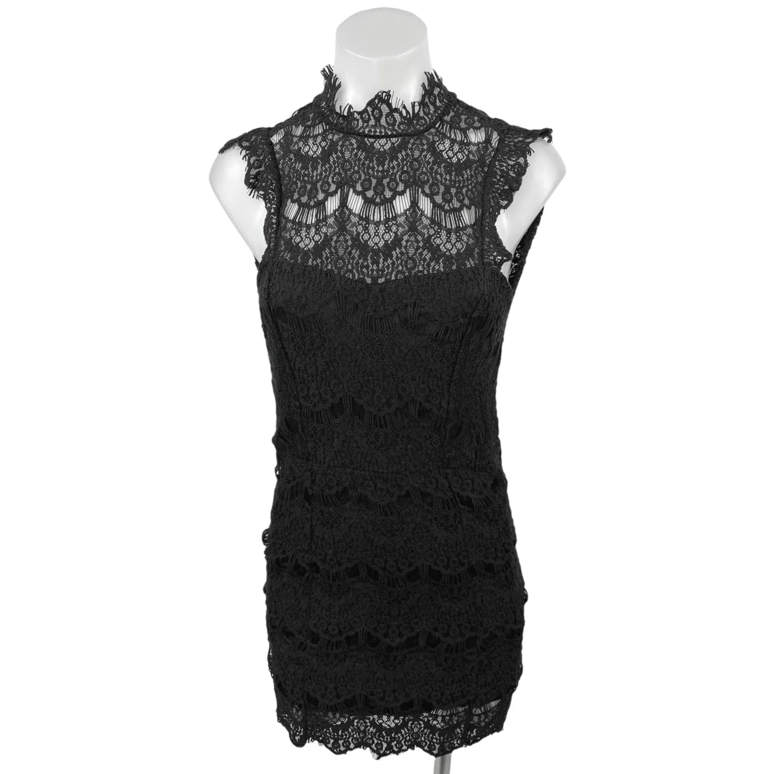 NEW Free People Black Floral Lace Mockneck Open Back Bodycon Mini Dress Size XS