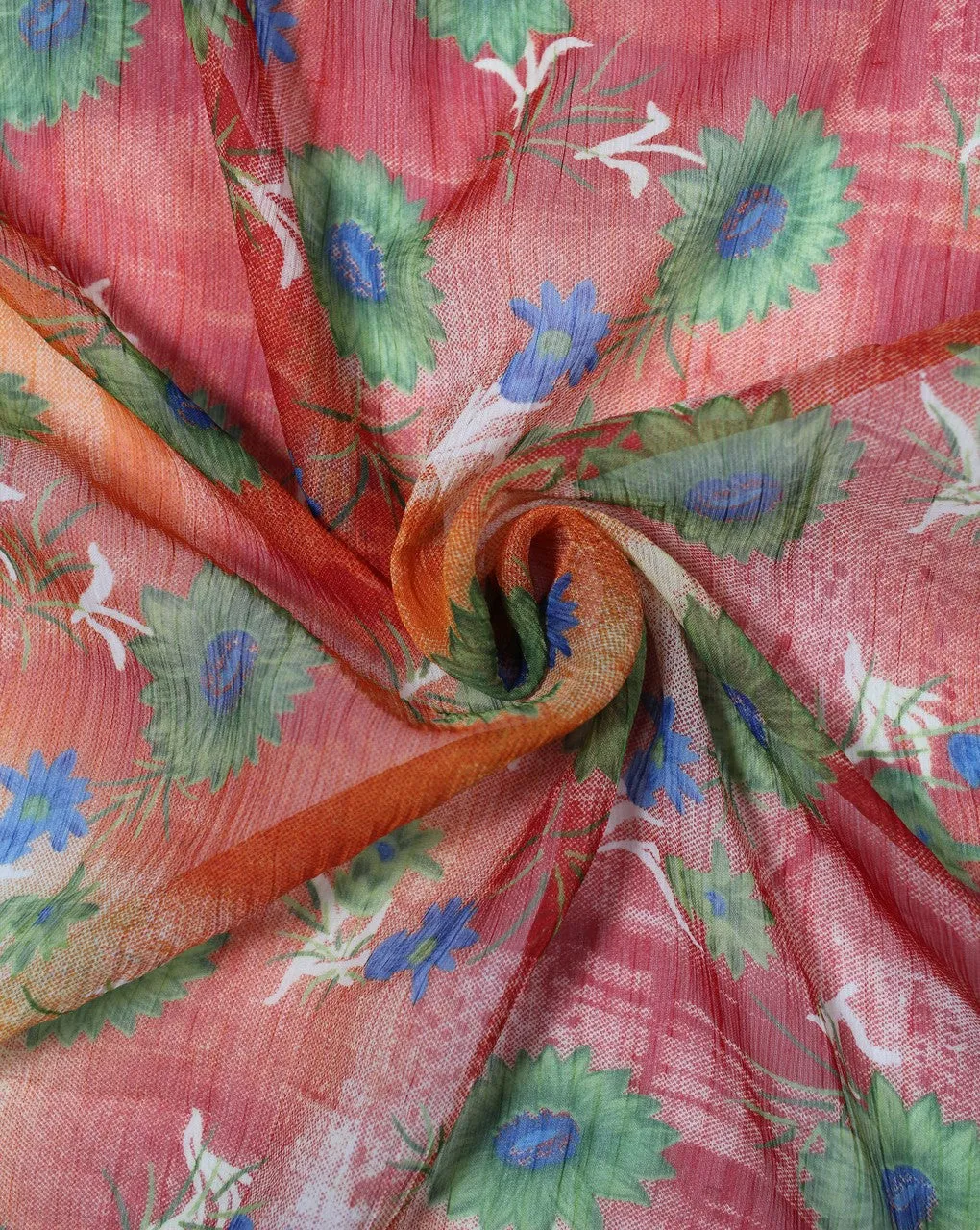 Orange Floral Print Chiffon Fabric in Multicolor