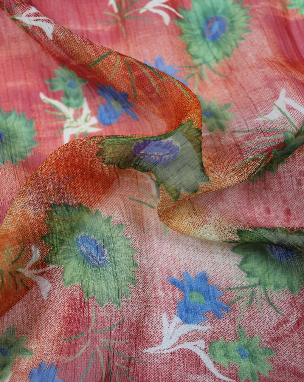 Orange Floral Print Chiffon Fabric in Multicolor