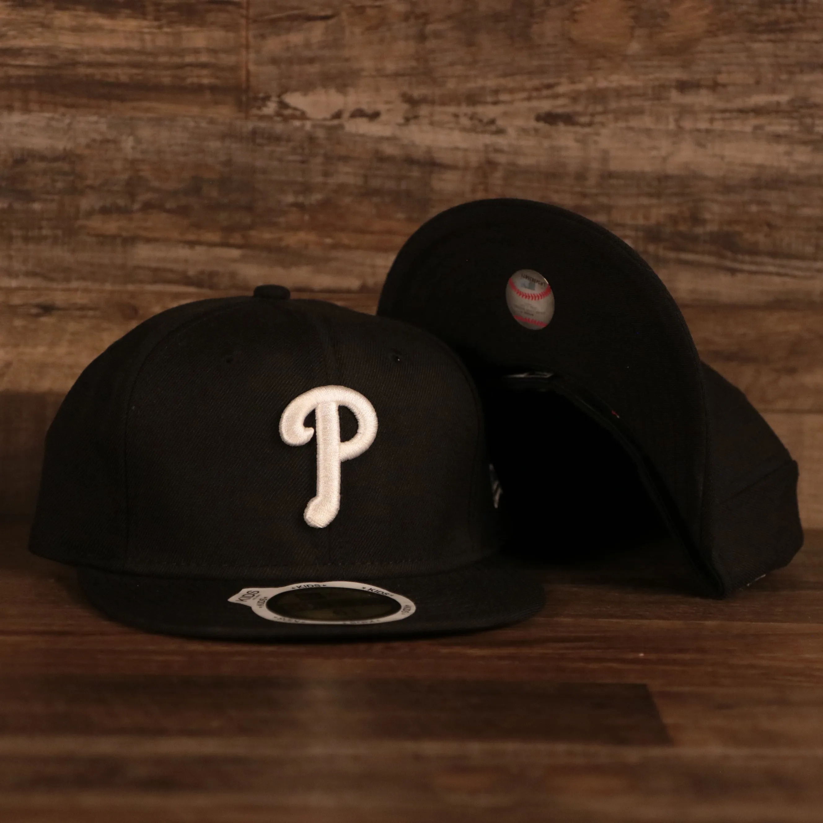 Philadelphia Phillies Kids Black Bottom White Logo Fitted Cap