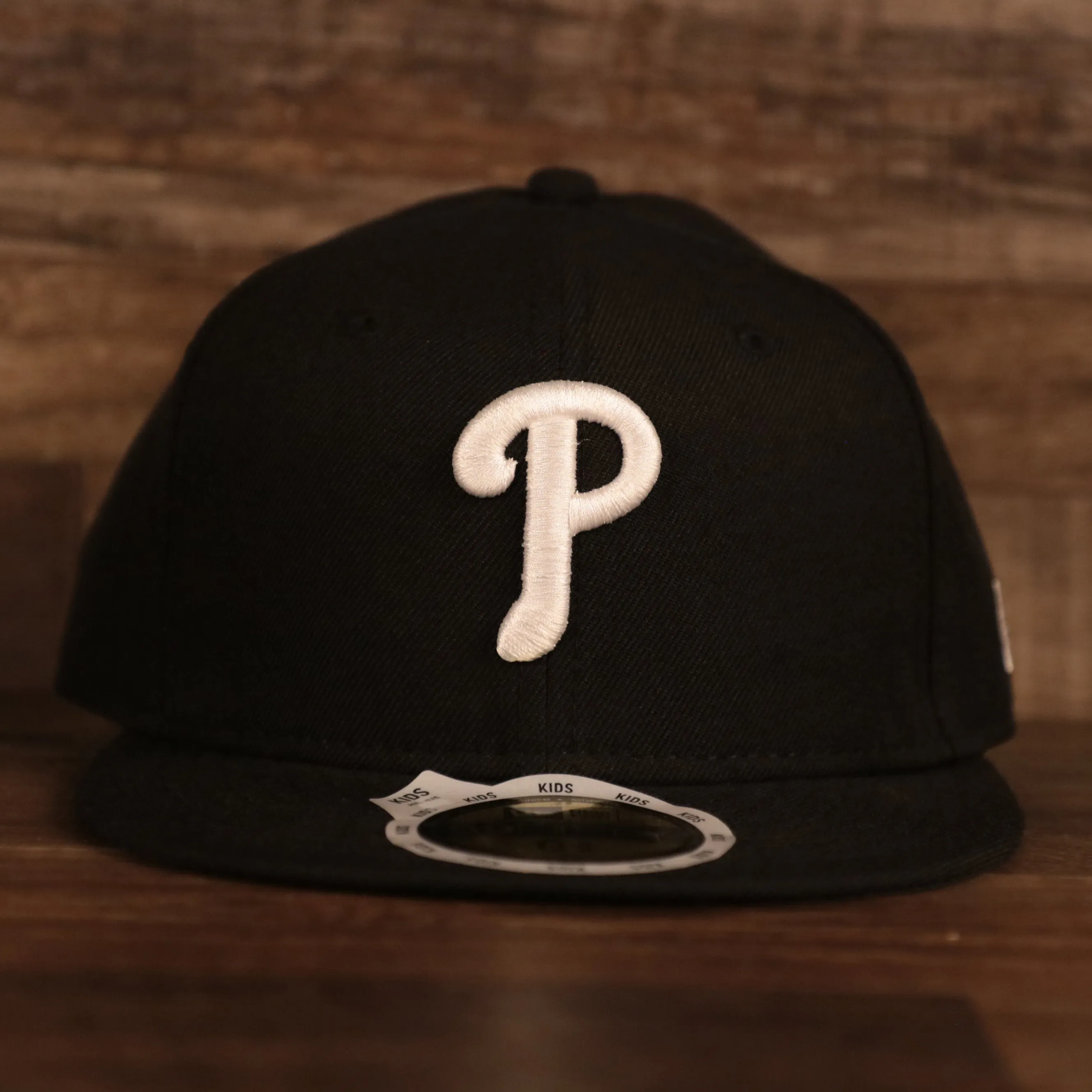 Philadelphia Phillies Kids Black Bottom White Logo Fitted Cap