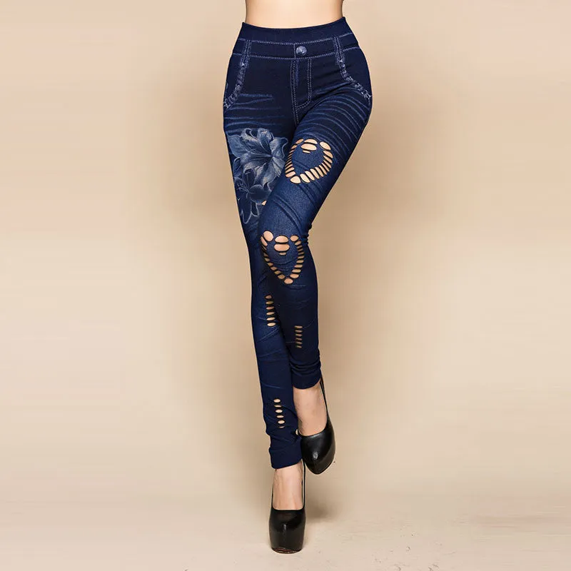 Plus Size Women's Fashion Leggings Ankle Length Hollow Out Mid Denim Sexy High Waist Legging Quality Pants 71859 SM6.