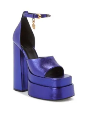 Purple Versace Women's Platform Sandals with Jeweled Ankle Strap and Square Toe Block Heel