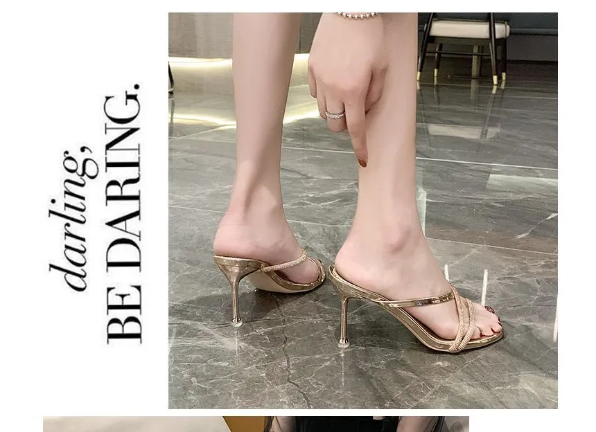 Rhinestone Stiletto Heel Slide Sandals cc20