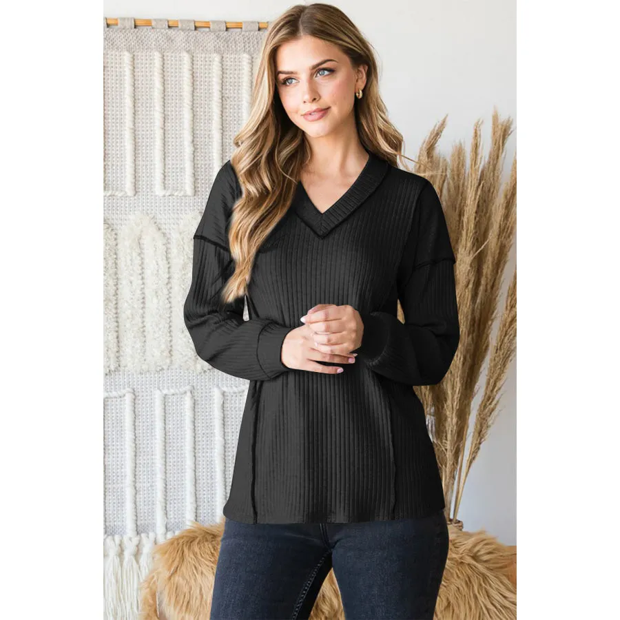 Ribbed V-Neck Top with Exposed Seam - Heimish Full Size