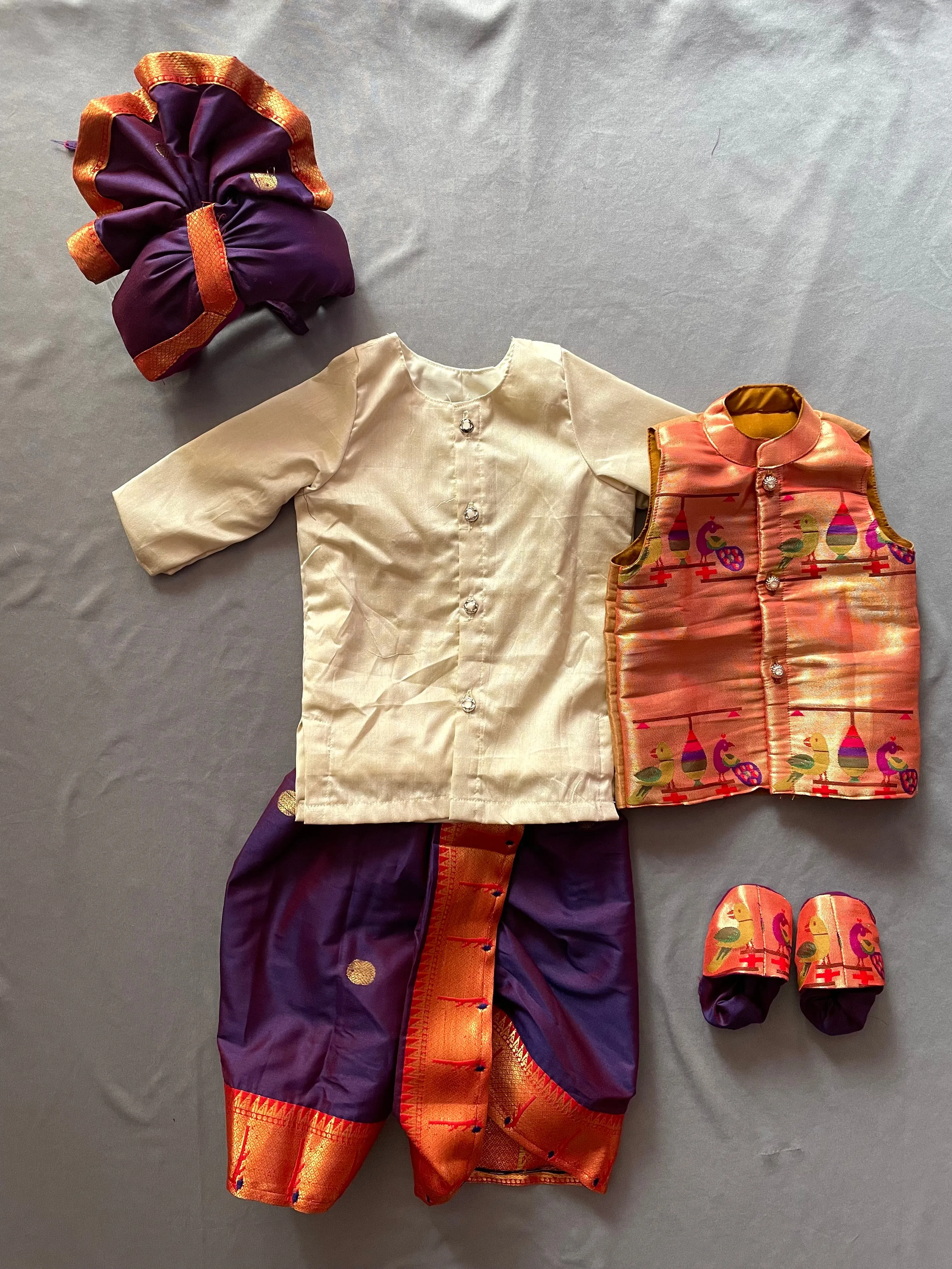 Rich Cotton Silk Kurta Set with Premium Paithani Dhoti, Jacket, Pheta, and Booties for Baby Boy