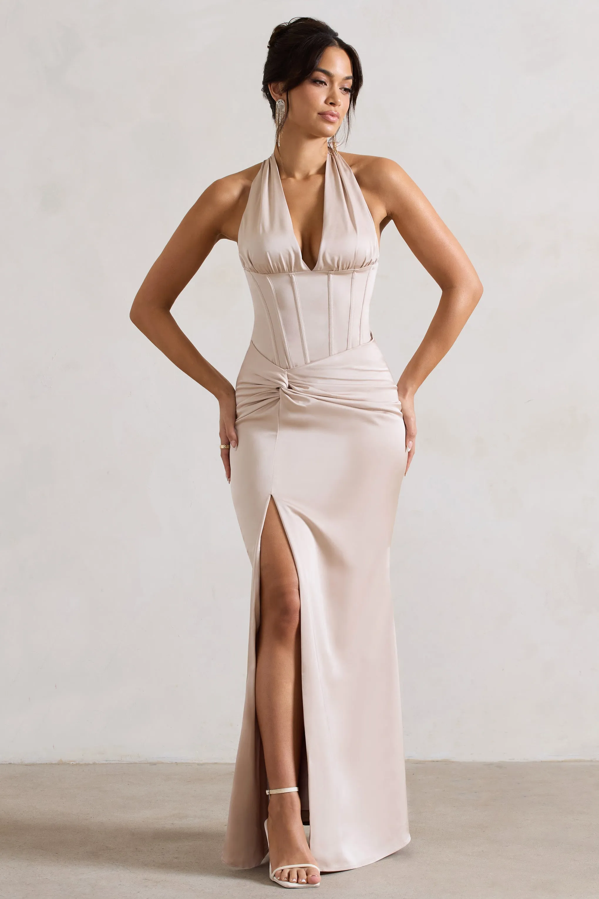 Sacha Champagne Satin Corset Maxi Dress With Wrap Skirt