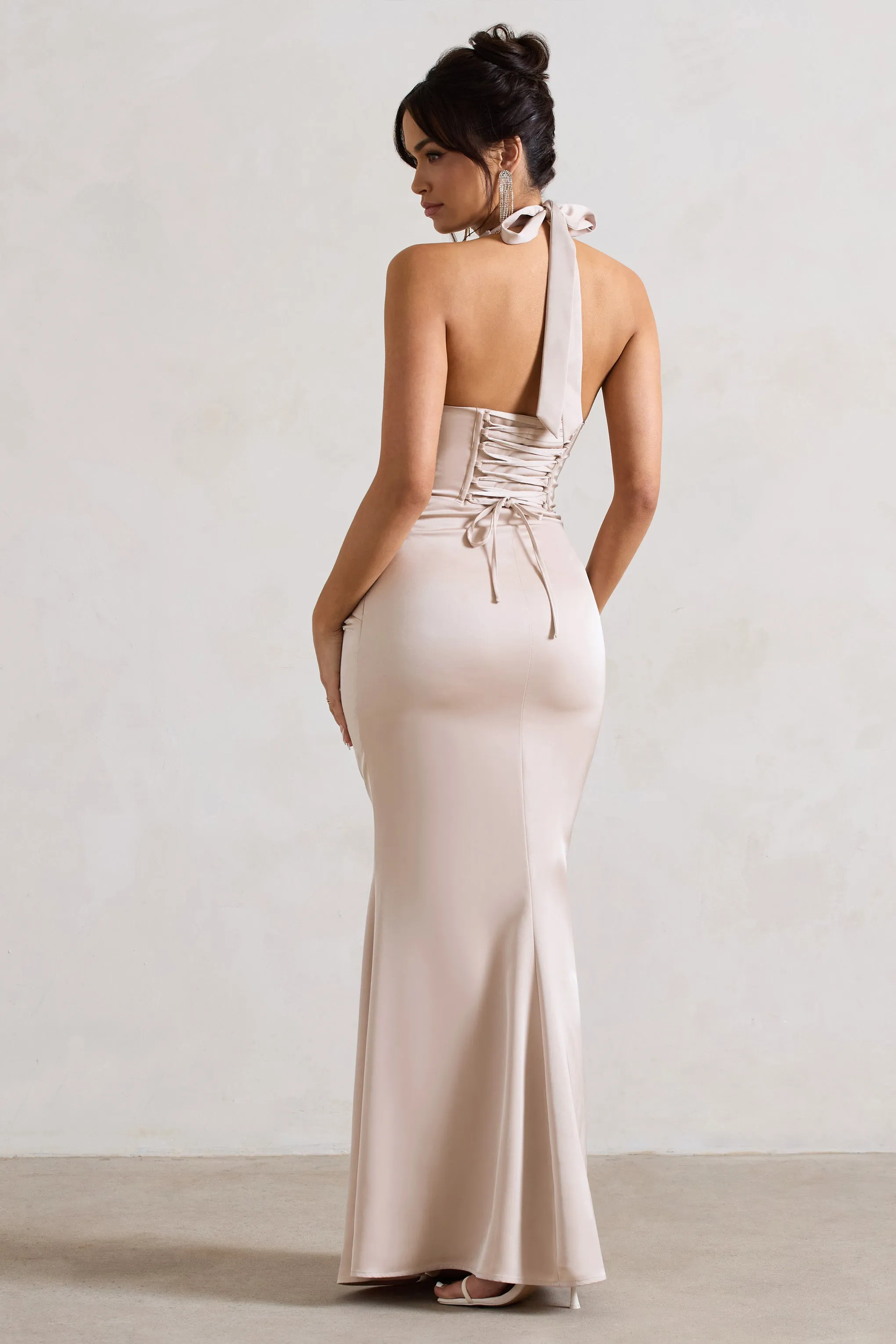 Sacha Champagne Satin Corset Maxi Dress With Wrap Skirt