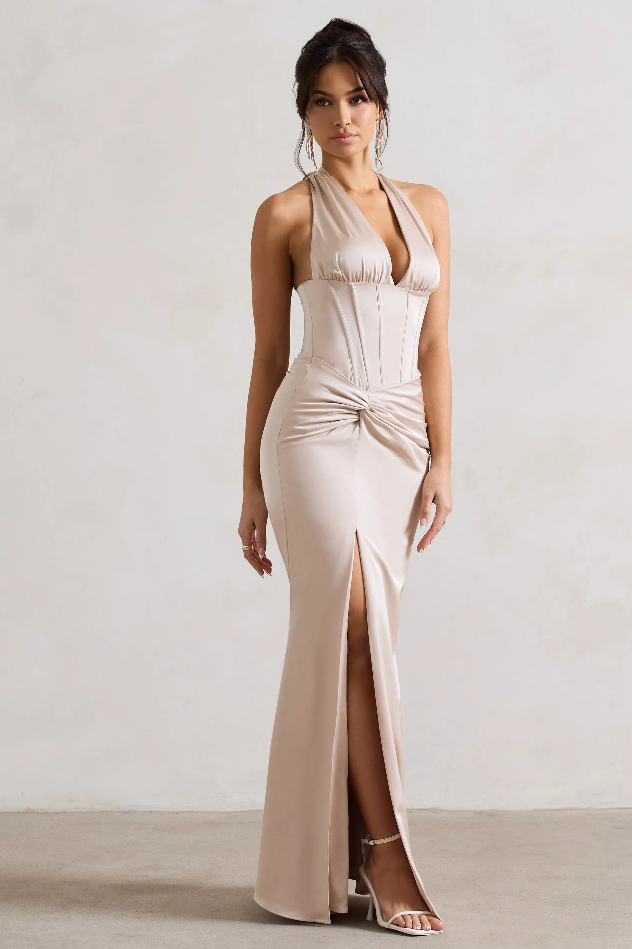 Sacha Champagne Satin Corset Maxi Dress With Wrap Skirt