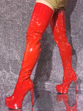 Red Platform High Heel Thigh High Boots