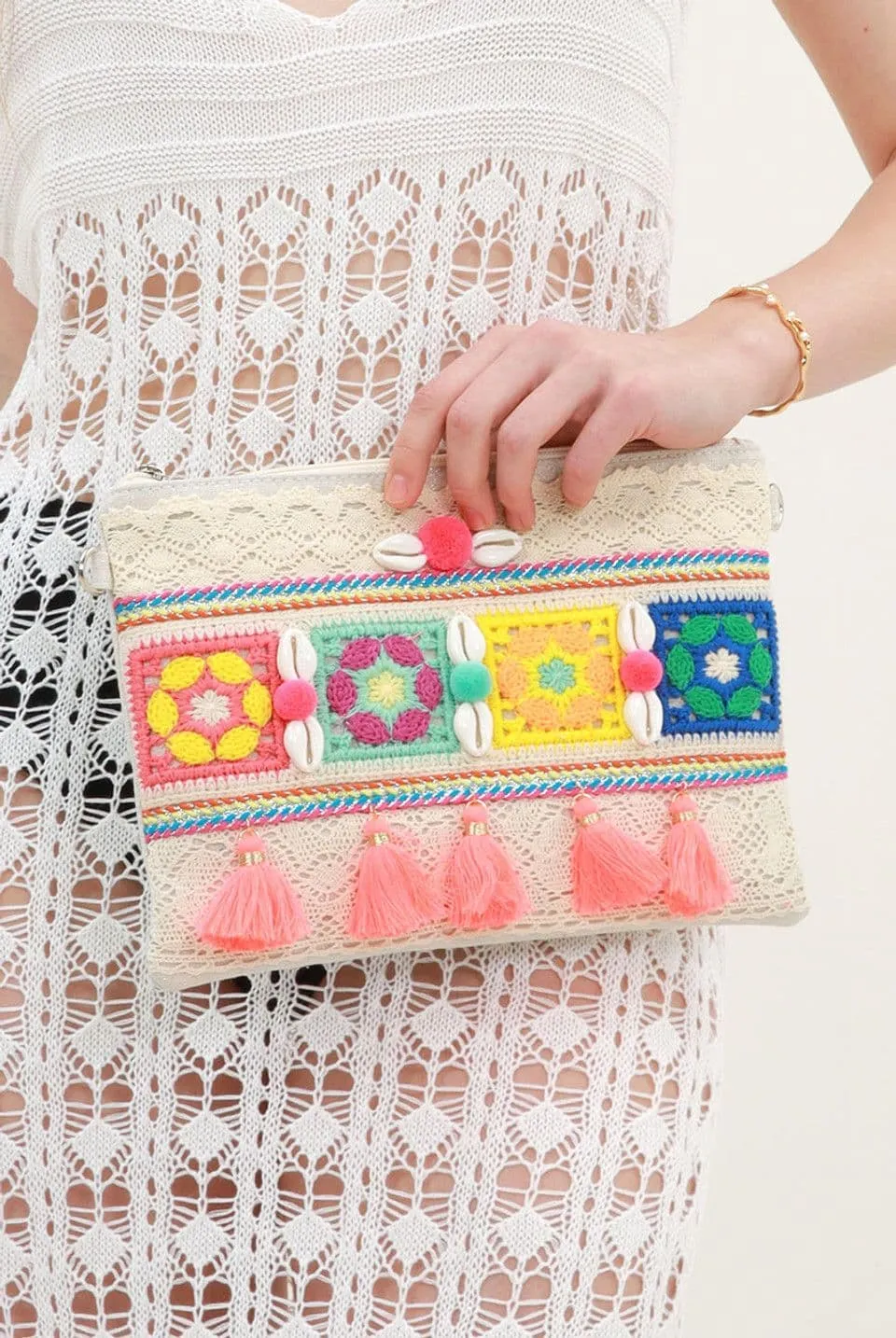 Multicoloured Boho Clutch Bag with Shell And Tassel