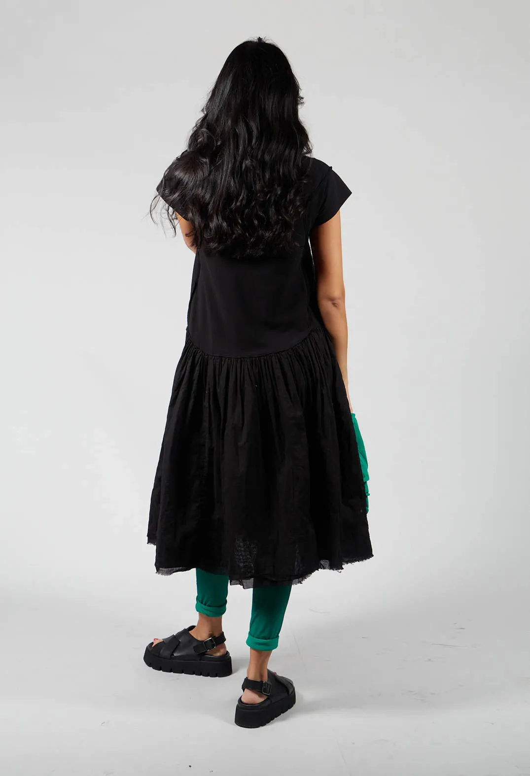 Black Short Sleeved Jersey Dress with Gathered Waist