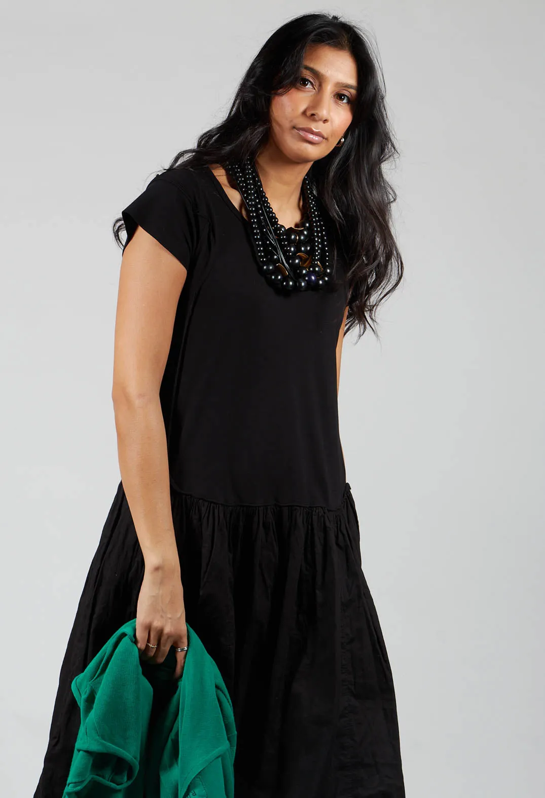 Black Short Sleeved Jersey Dress with Gathered Waist