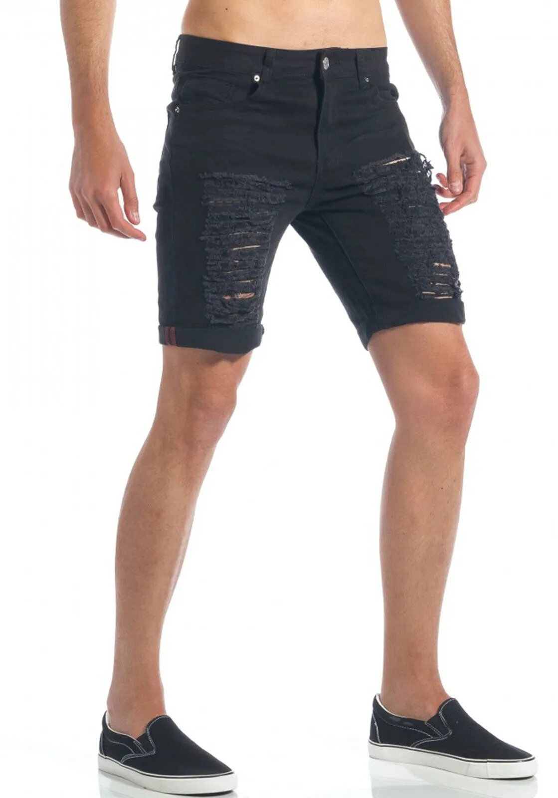 Black Frayed Cotton Stretch Diamond Bermuda Shorts for Men