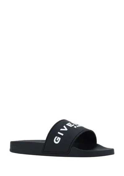 Black White Slide Sandals in Rubber