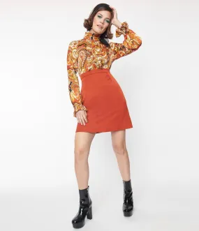 Brick Red Orange Paisley Ruffle Neck A-Line Dress by Smak Parlour