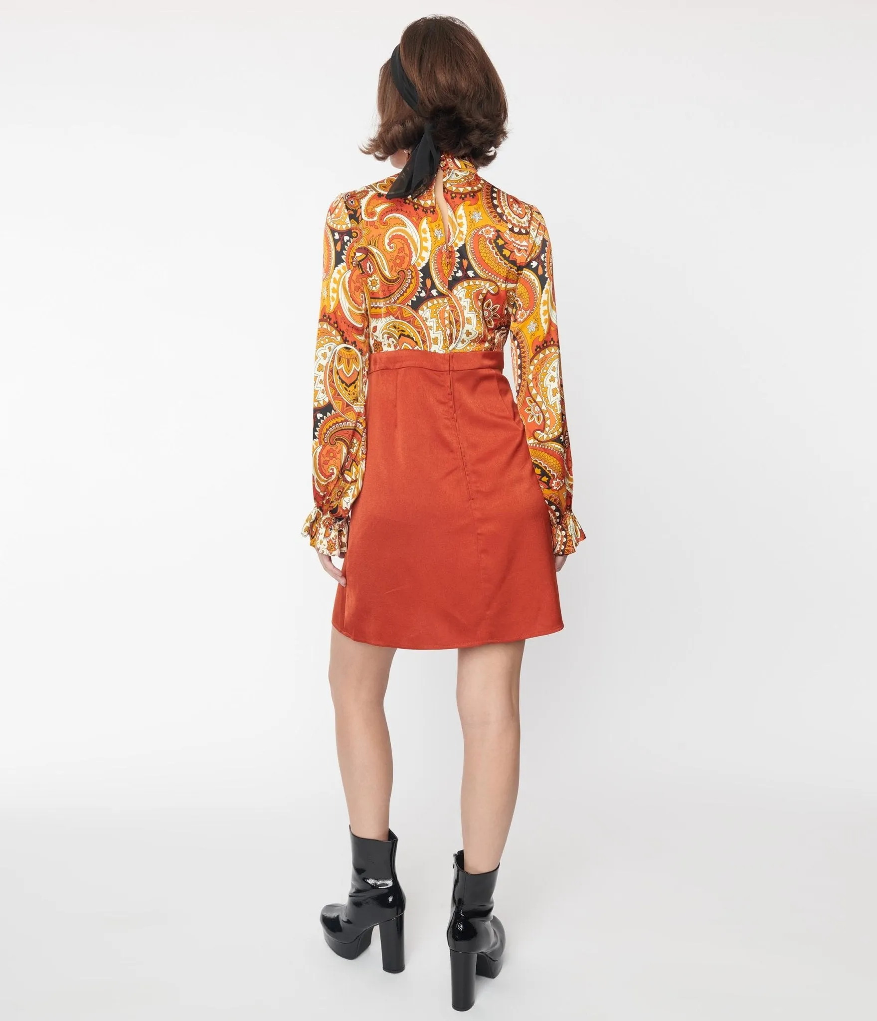 Brick Red Orange Paisley Ruffle Neck A-Line Dress by Smak Parlour