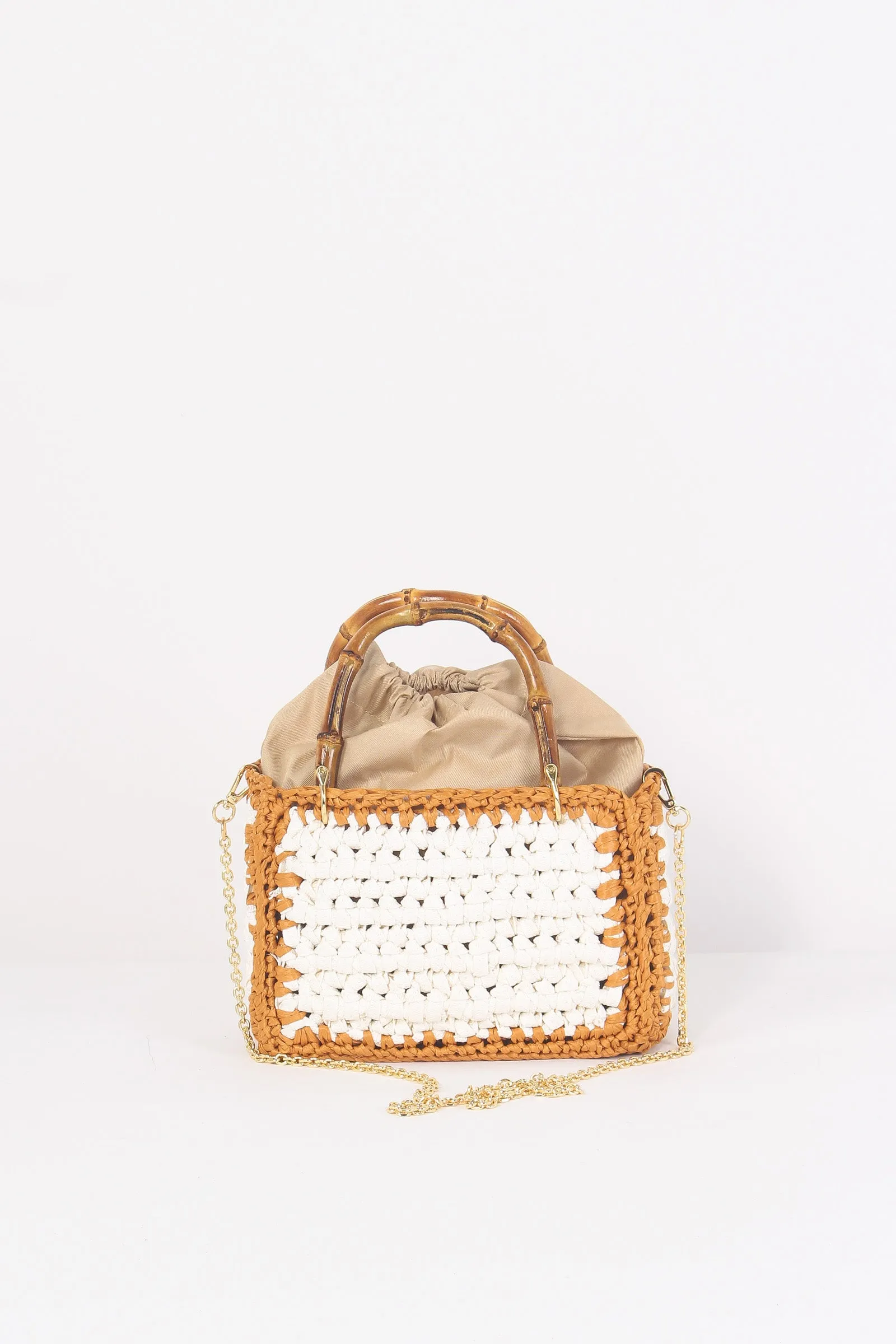 Small Crochet Bag White/Leather Handles