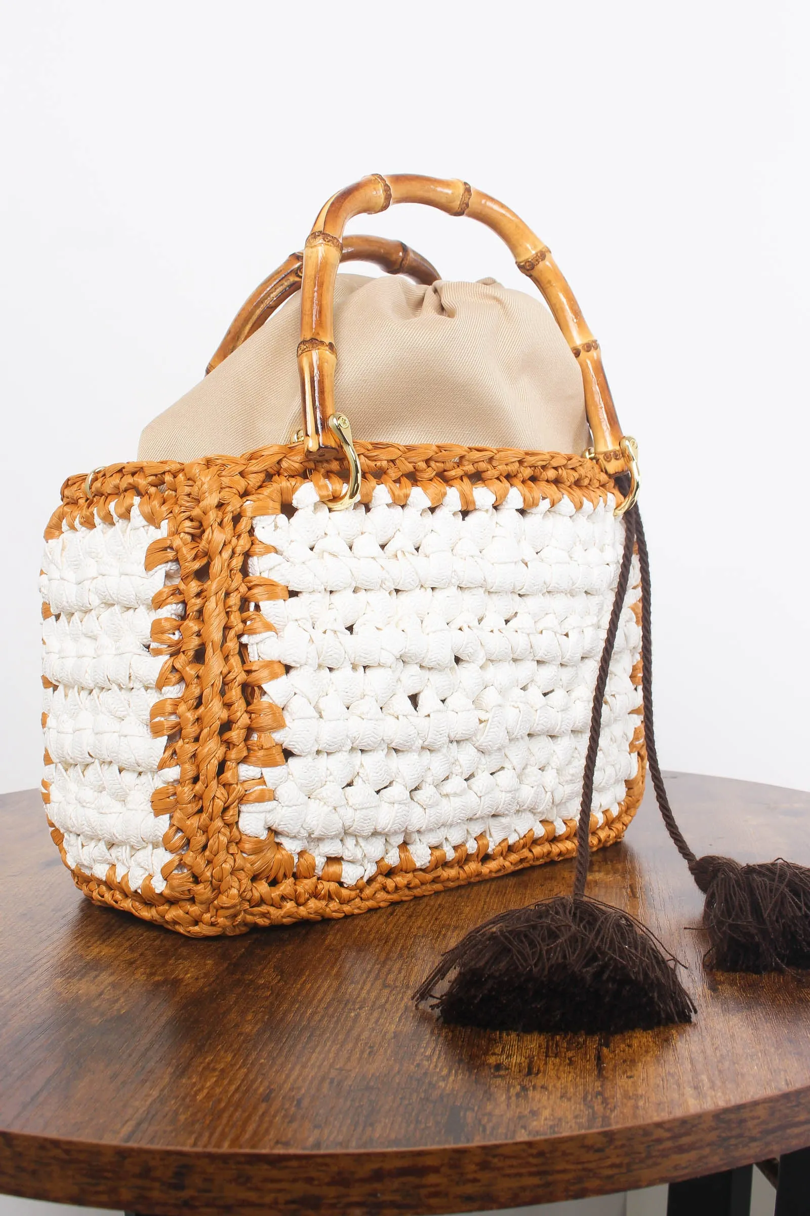 Small Crochet Bag White/Leather Handles