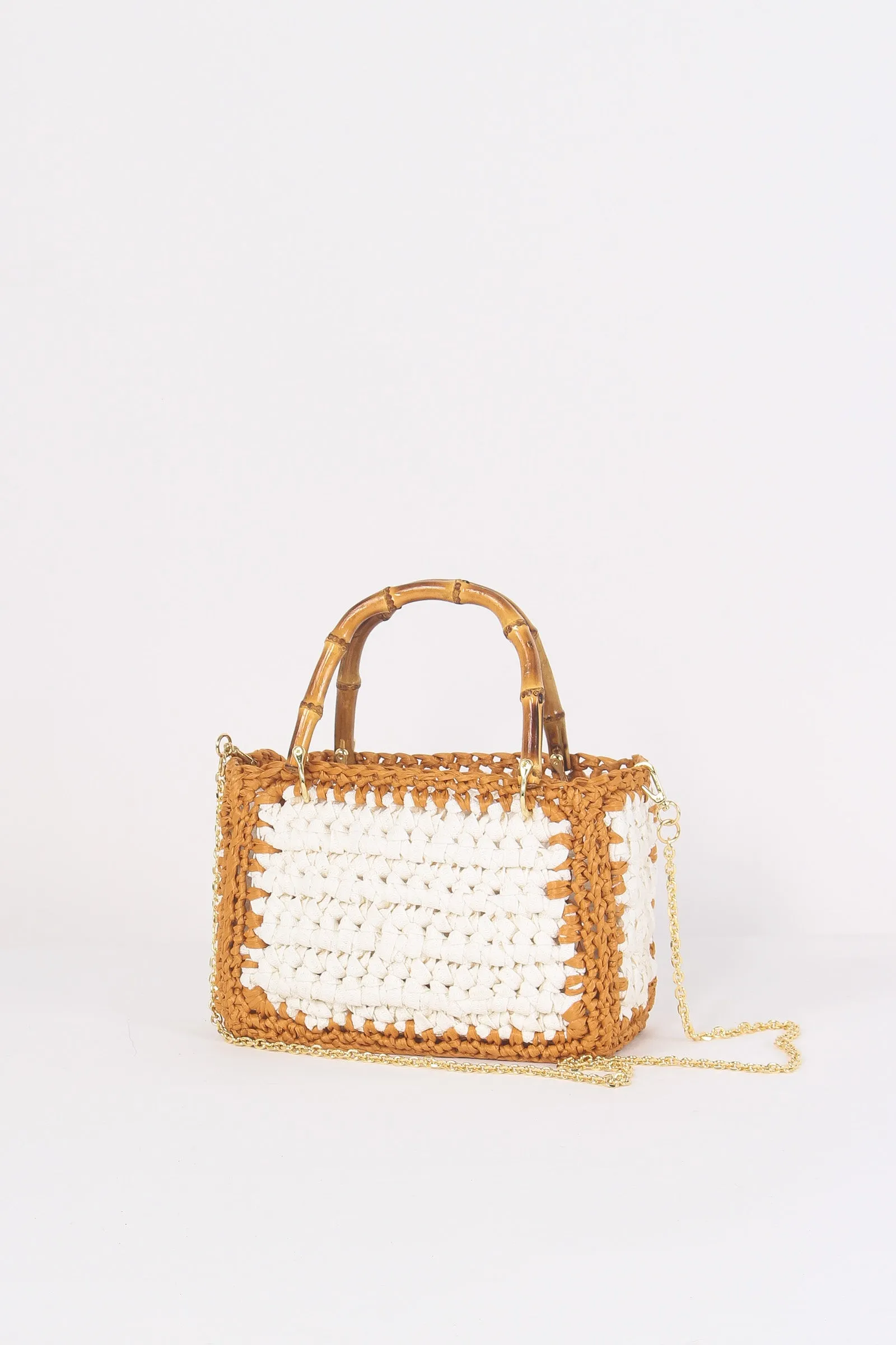 Small Crochet Bag White/Leather Handles