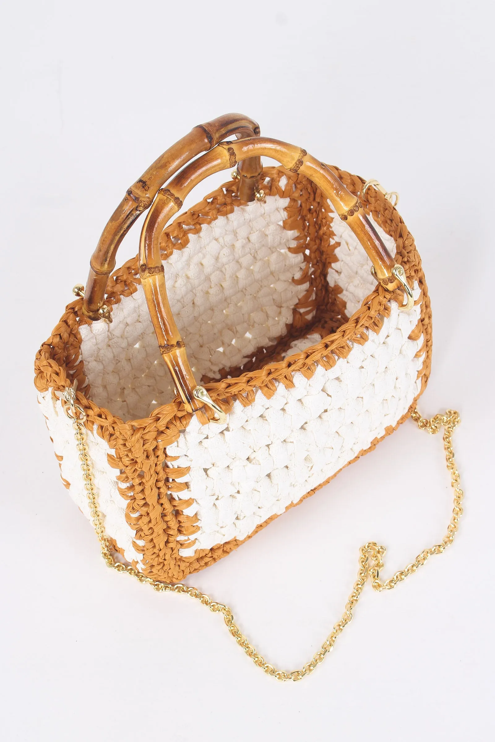 Small Crochet Bag White/Leather Handles