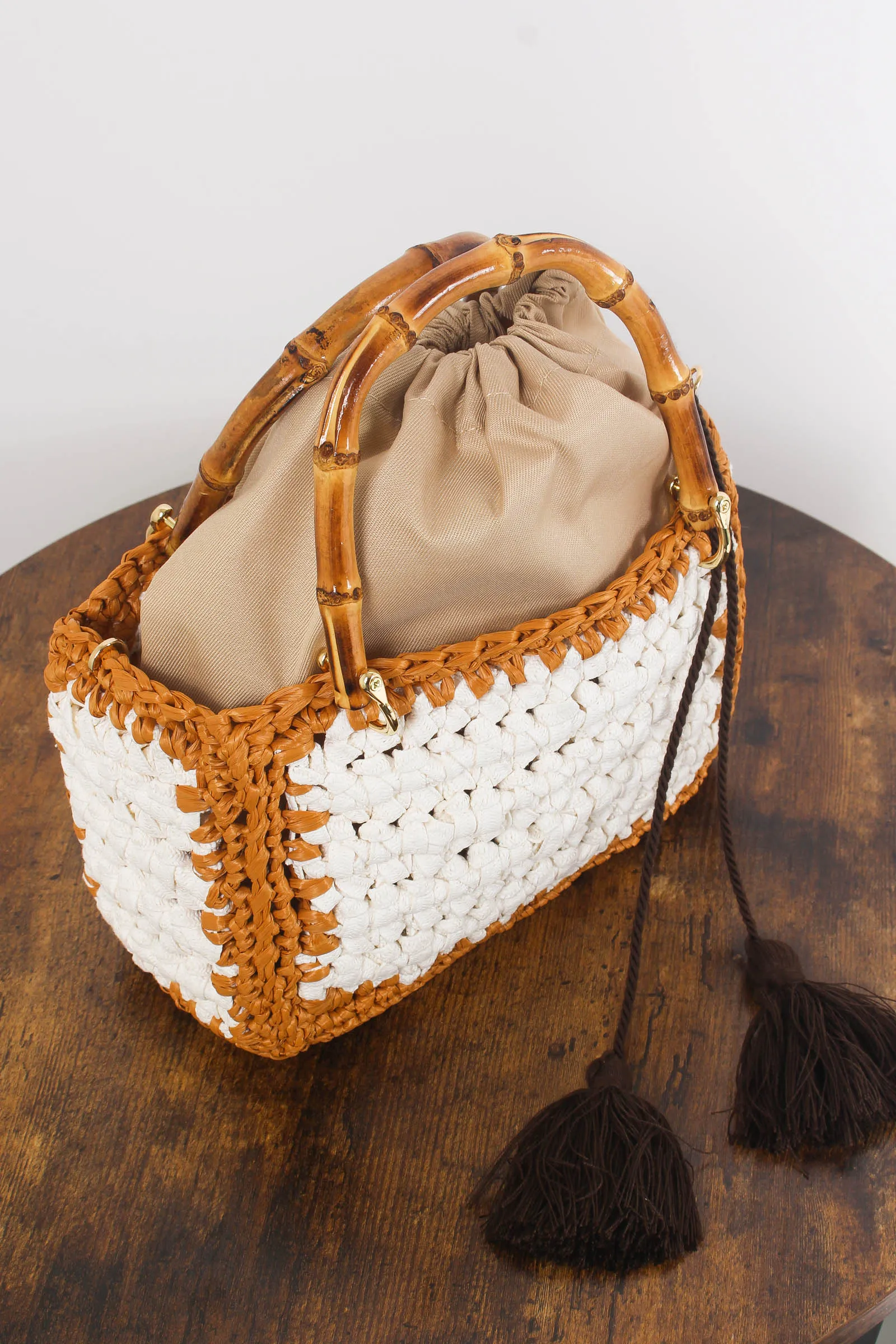 Small Crochet Bag White/Leather Handles