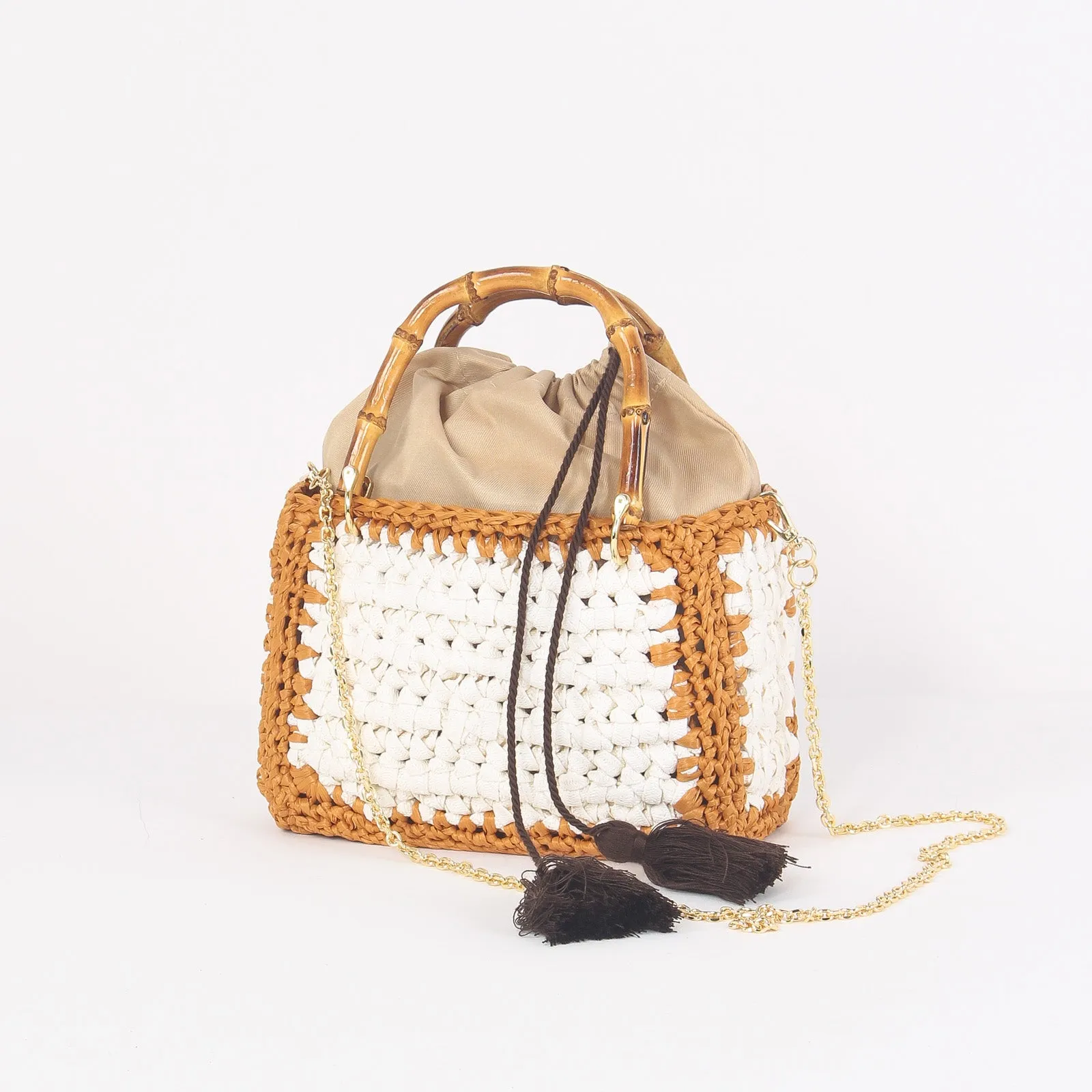 Small Crochet Bag White/Leather Handles