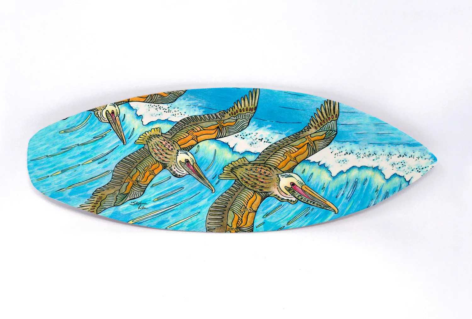 Surfboard Wall Art with Wings Flying over Waves