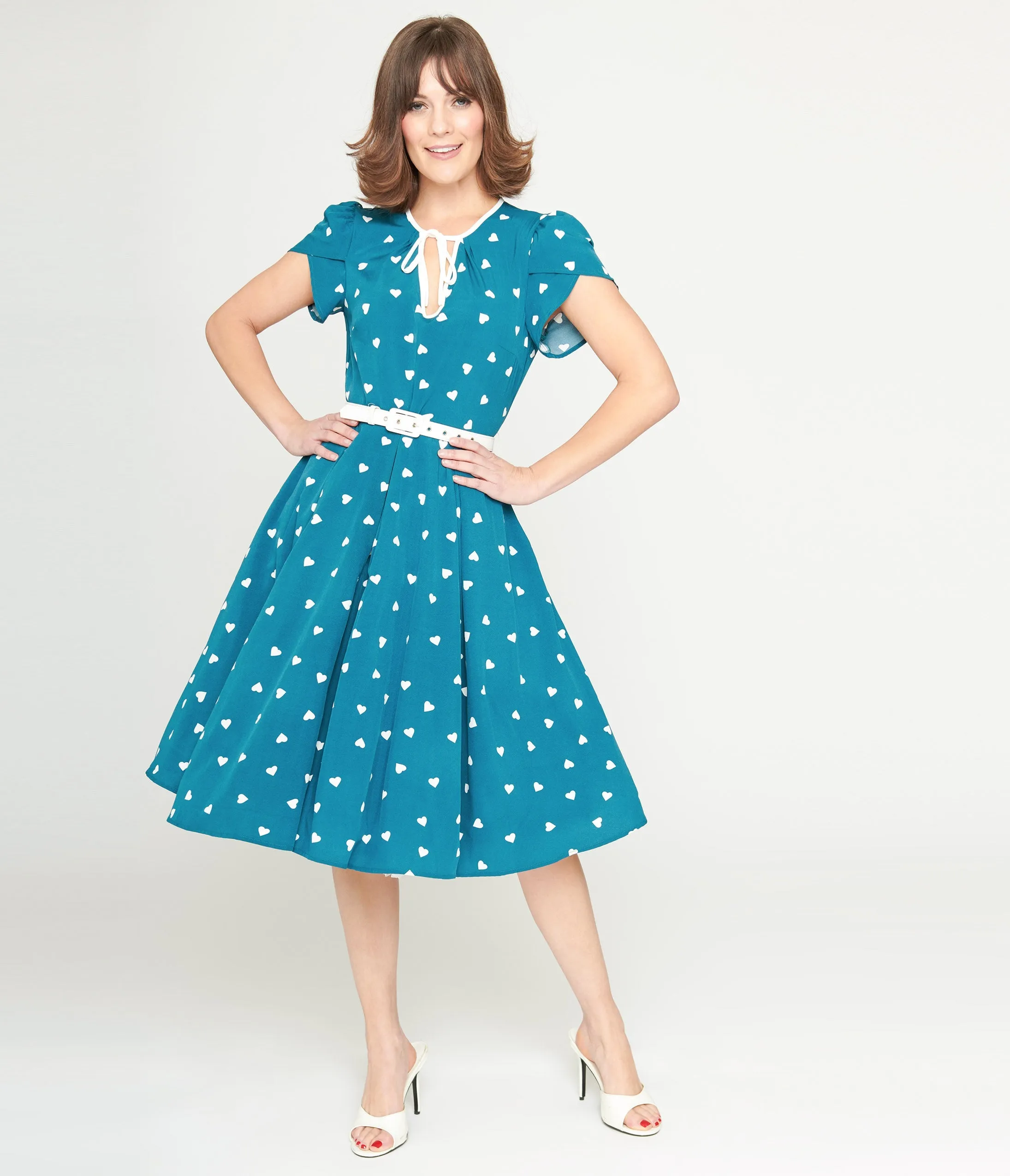 Teal White Heart Dahlia Swing Dress inspired by 1940s fashion from Unique Vintage