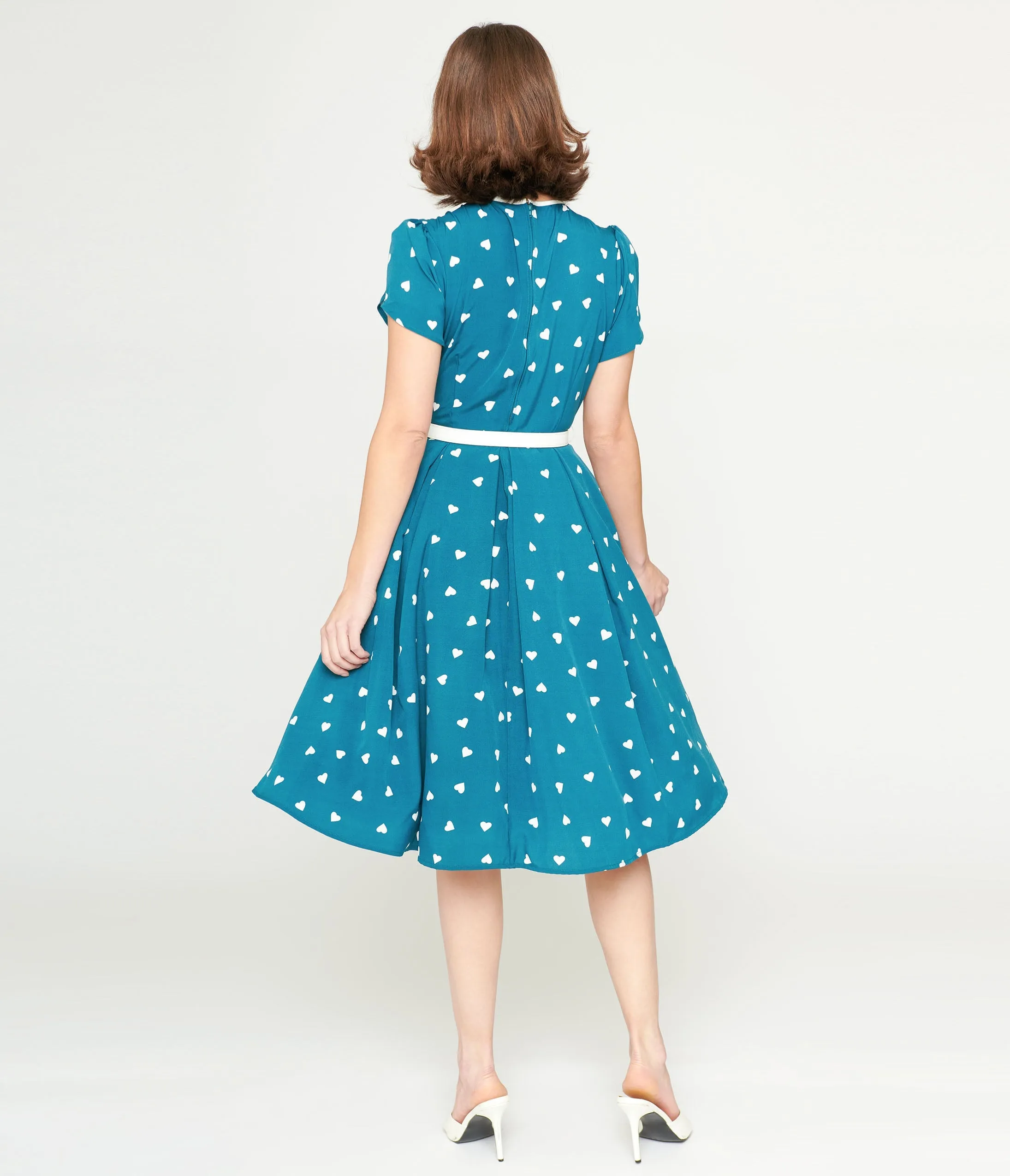 Teal White Heart Dahlia Swing Dress inspired by 1940s fashion from Unique Vintage