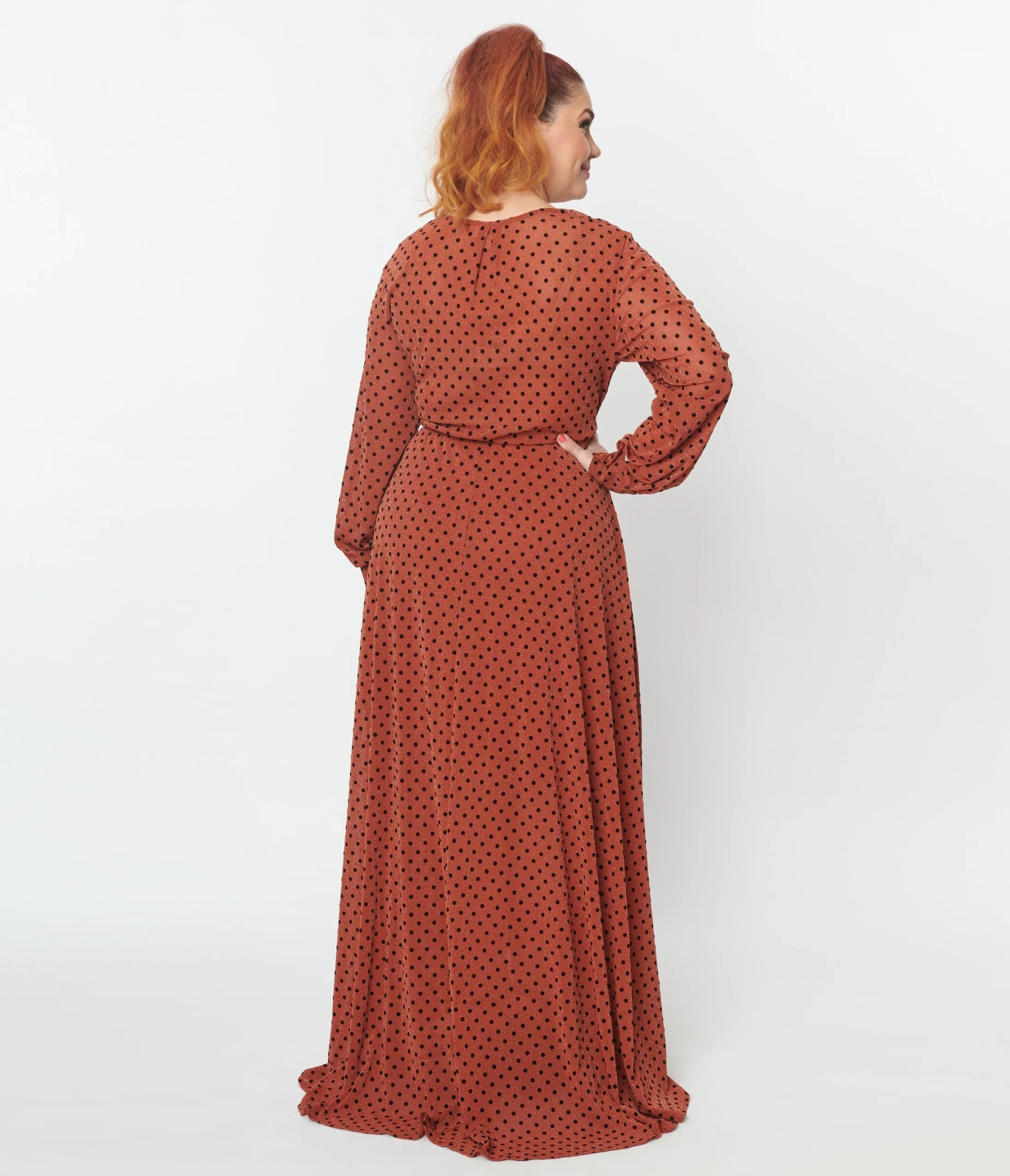 Rust Black Polka Dot Farrah Maxi Dress with 1970s vibes from Unique Vintage