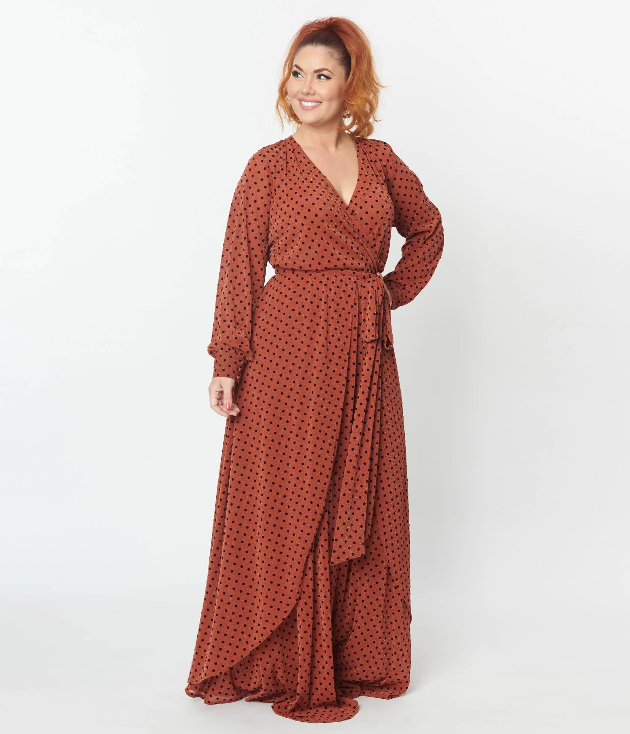 Rust Black Polka Dot Farrah Maxi Dress with 1970s vibes from Unique Vintage