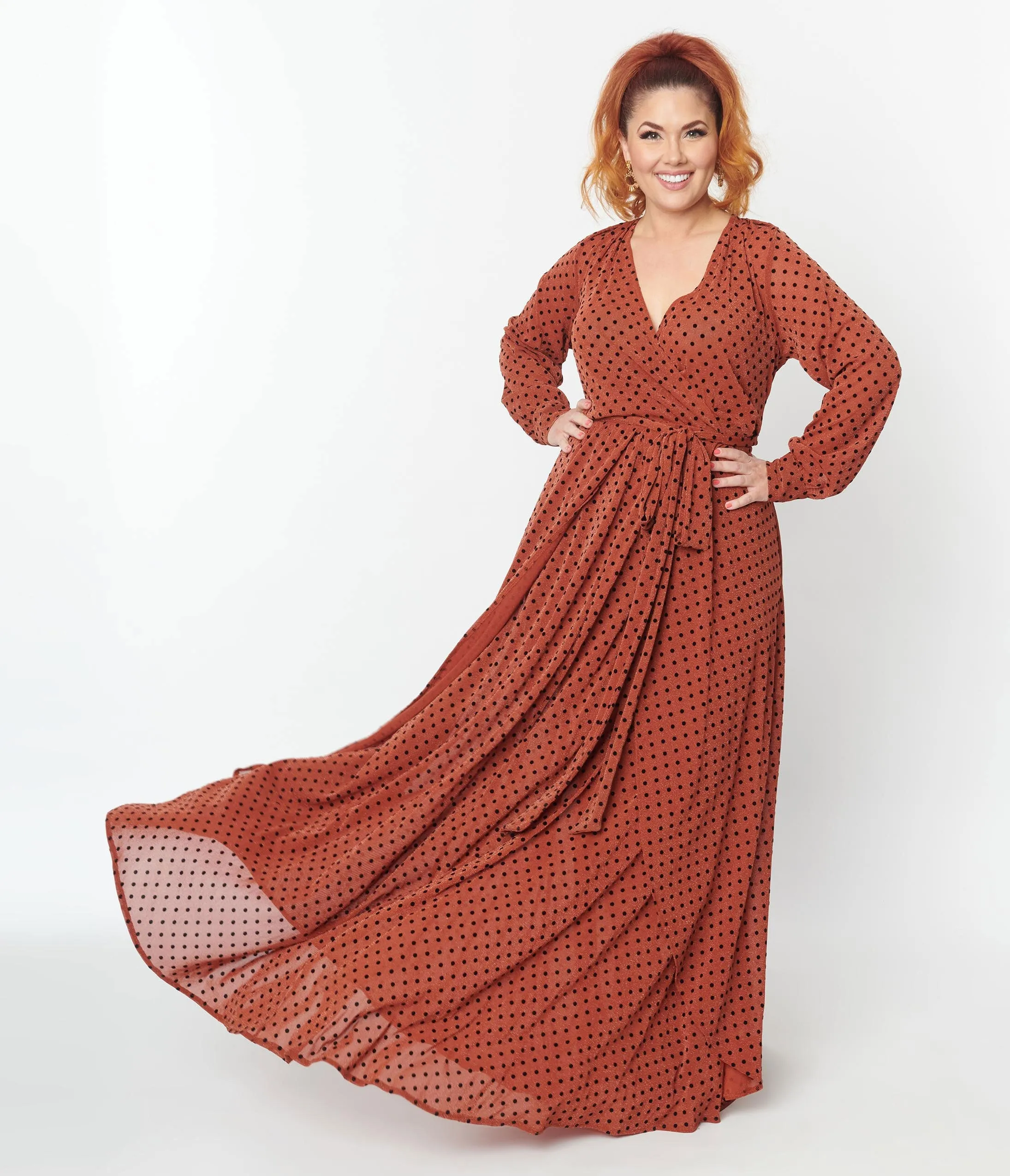 Rust Black Polka Dot Farrah Maxi Dress with 1970s vibes from Unique Vintage