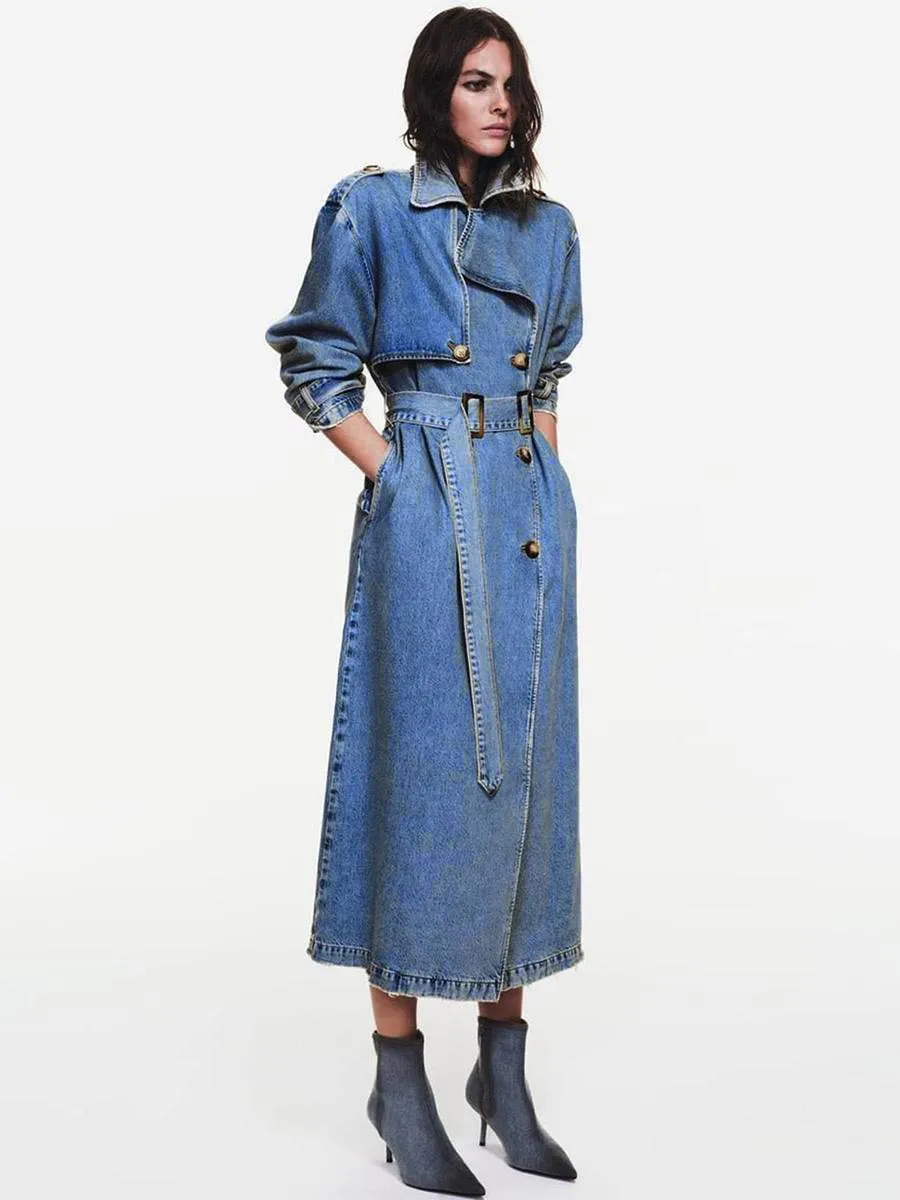 Women's Long Belted Double-Breasted Trench Coat with Notched Lapel