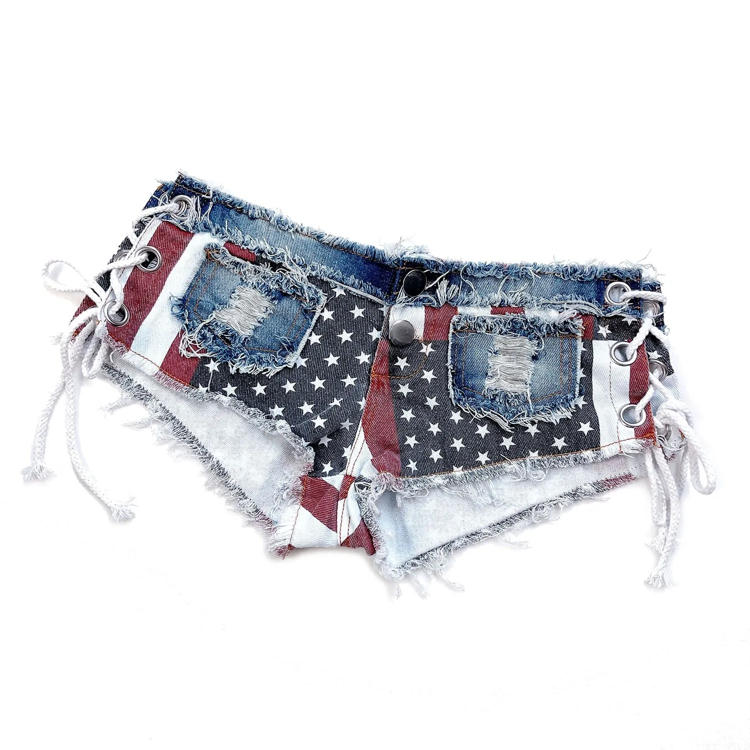 Sexy Bandage Hole USA Flag Patchwork Low Waist Denim Shorts for Women